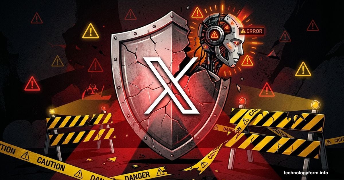 Broken shield with X logo symbolizing failed AI safeguards