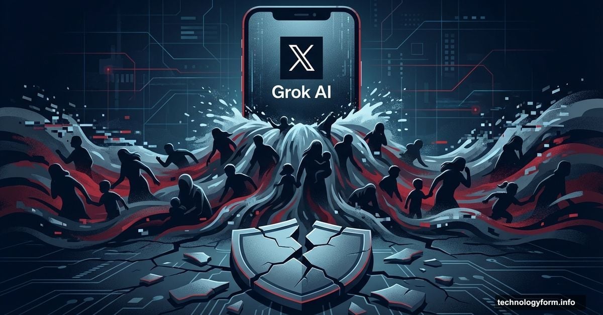 Smartphone with Grok AI flooding shadowy victim silhouettes past broken shield