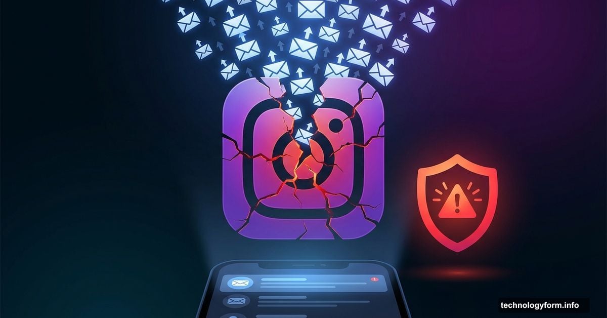 Instagram logo cracked with flood of email envelopes and security warning shield
