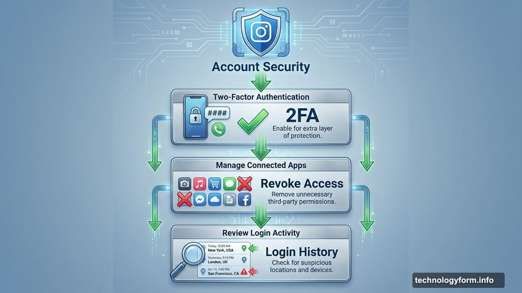 Enable two-factor authentication and review connected apps for security
