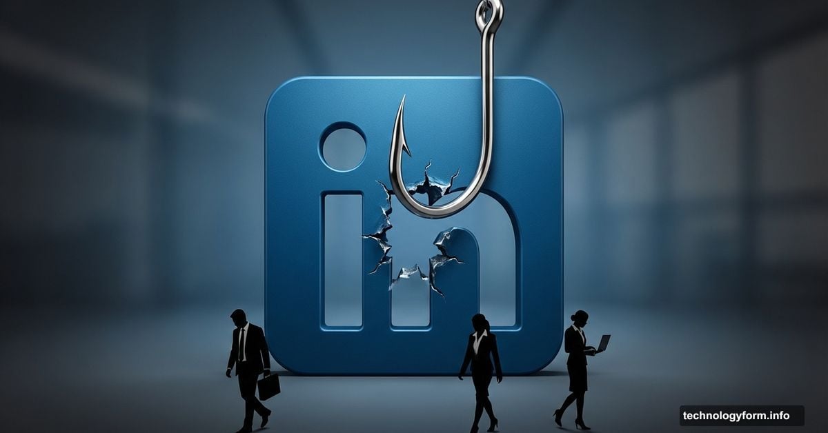 LinkedIn logo pierced by fishing hook with professional silhouettes below