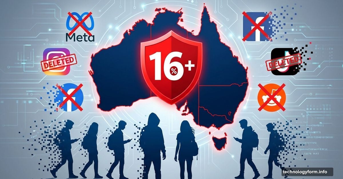Australia map with 16+ shield blocking social media logos and teen silhouettes