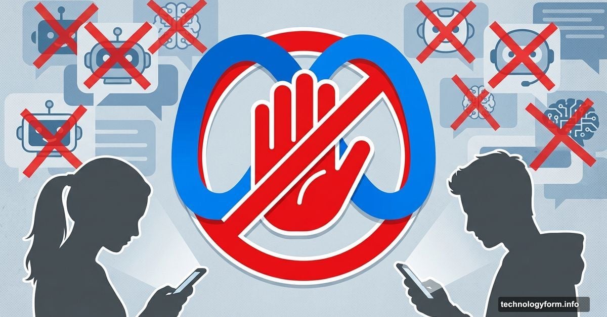 Meta logo with stop symbol blocking teenage users from AI chatbots