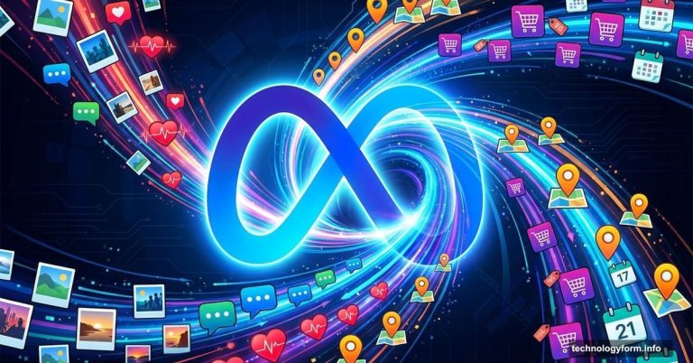 Meta logo consuming streams of personal data from social media platforms