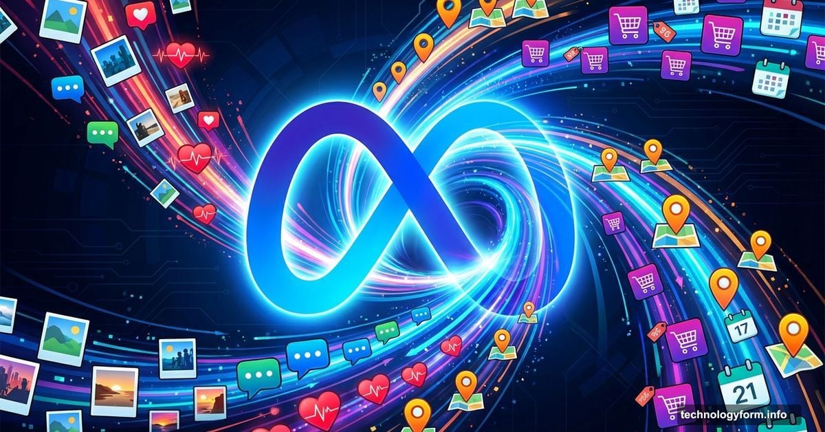 Meta logo consuming streams of personal data from social media platforms