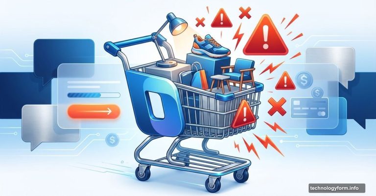 Microsoft Copilot logo merged with shopping cart surrounded by warning symbols