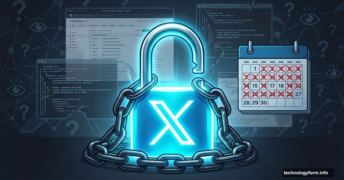 Open padlock with X logo and faded code, symbolizing broken transparency promises