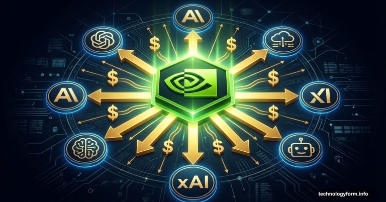 Nvidia logo center with investment arrows radiating to AI startup logos