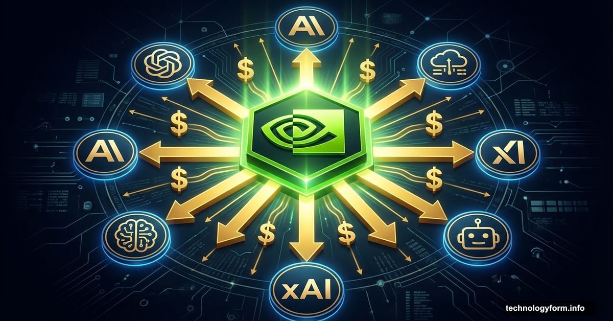 Nvidia logo center with investment arrows radiating to AI startup logos