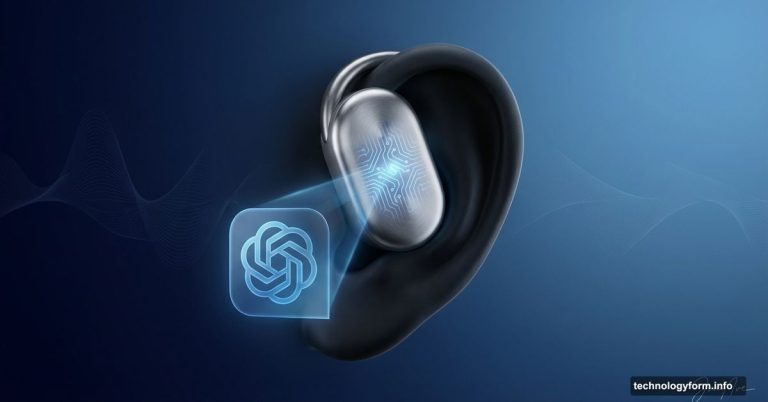 Futuristic ear-worn ChatGPT device with AI circuit patterns behind human ear
