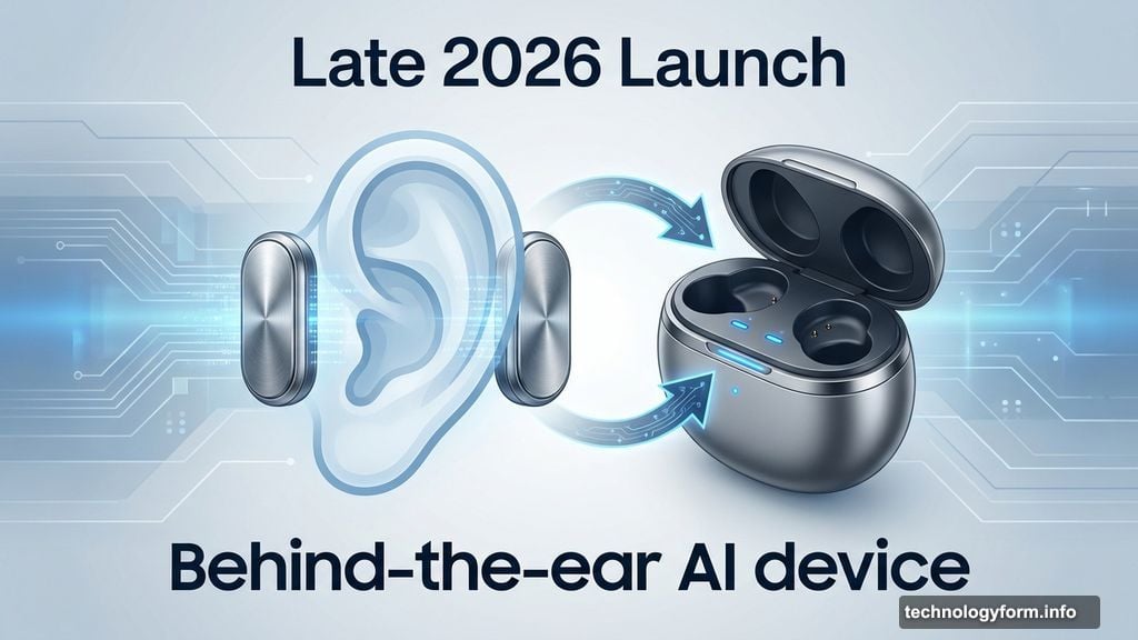 Ear-worn ChatGPT device with behind-the-ear pill-shaped metallic design