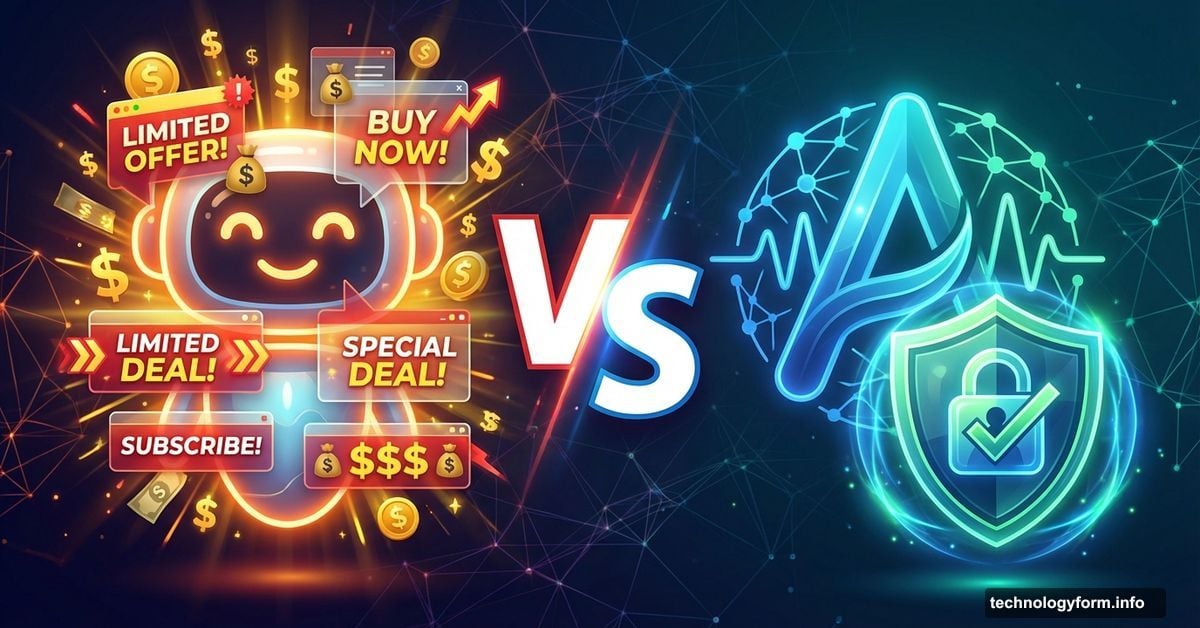 AI chatbot with ads versus trusted assistant shield, representing monetization concerns