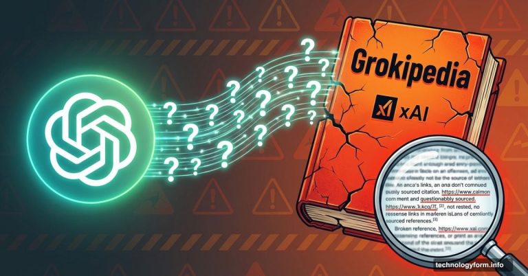ChatGPT AI citing questionable Grokipedia encyclopedia with warning symbols