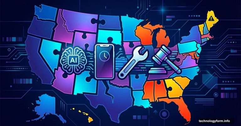 Fragmented US map puzzle with technology icons showing state tech regulation conflicts