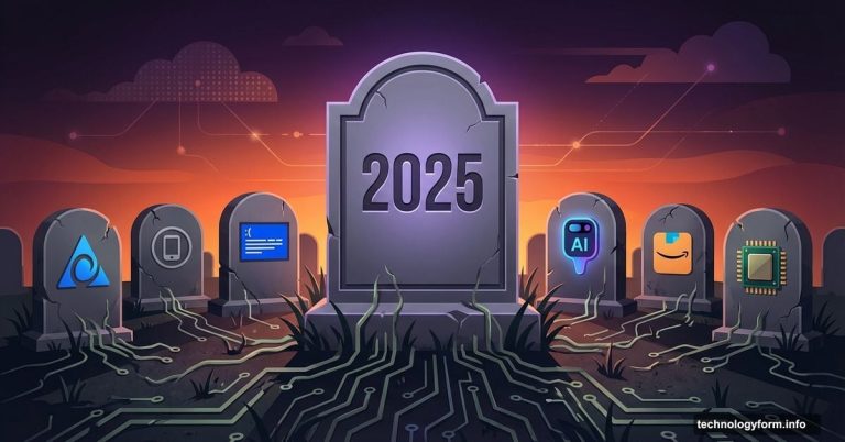 Tech graveyard with tombstones showing discontinued products from 2025