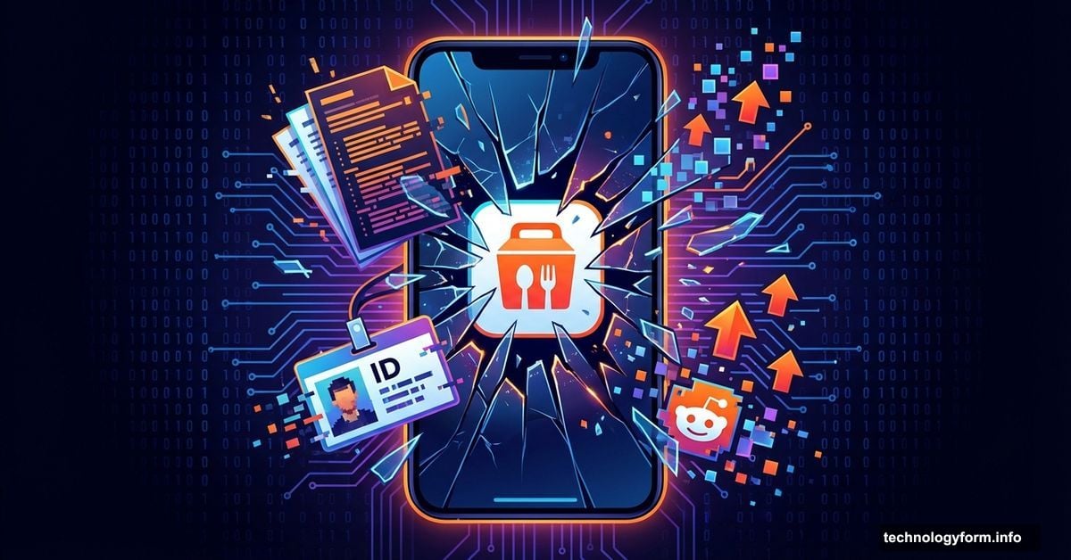 Smartphone with food delivery app fragmenting into AI-generated fake documents