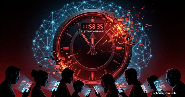 Doomsday Clock at 85 seconds to midnight fragmenting into digital pixels