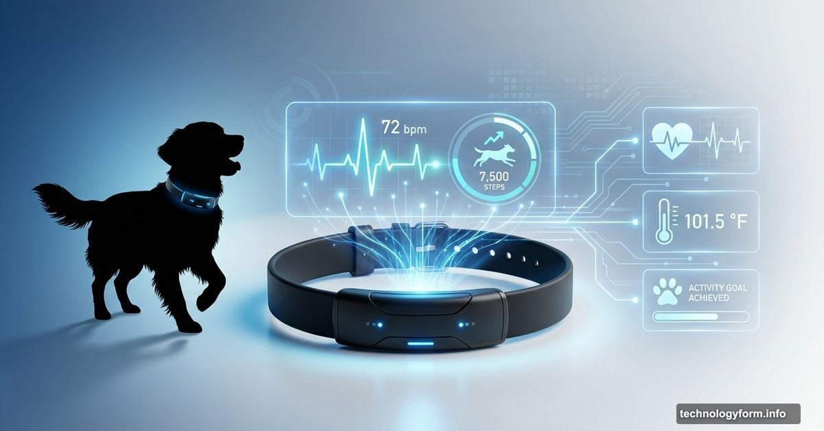 Smart AI dog collar with holographic health monitoring icons