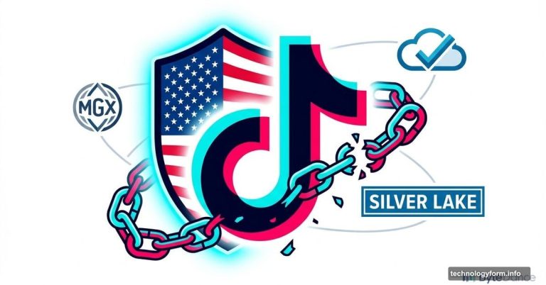 TikTok logo surrounded by American investors with broken chains symbolizing ownership change
