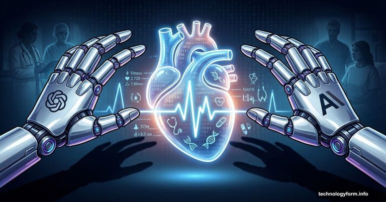 Two AI robotic hands competing to grab glowing medical heart filled with patient data