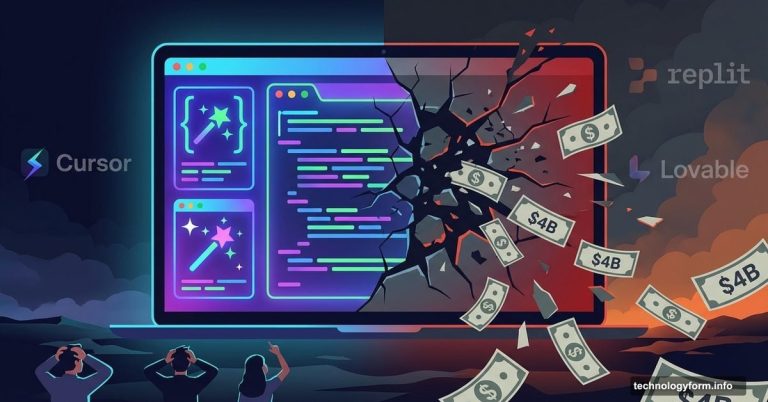 AI coding tool screen cracking apart with money flying out symbolizing startup losses