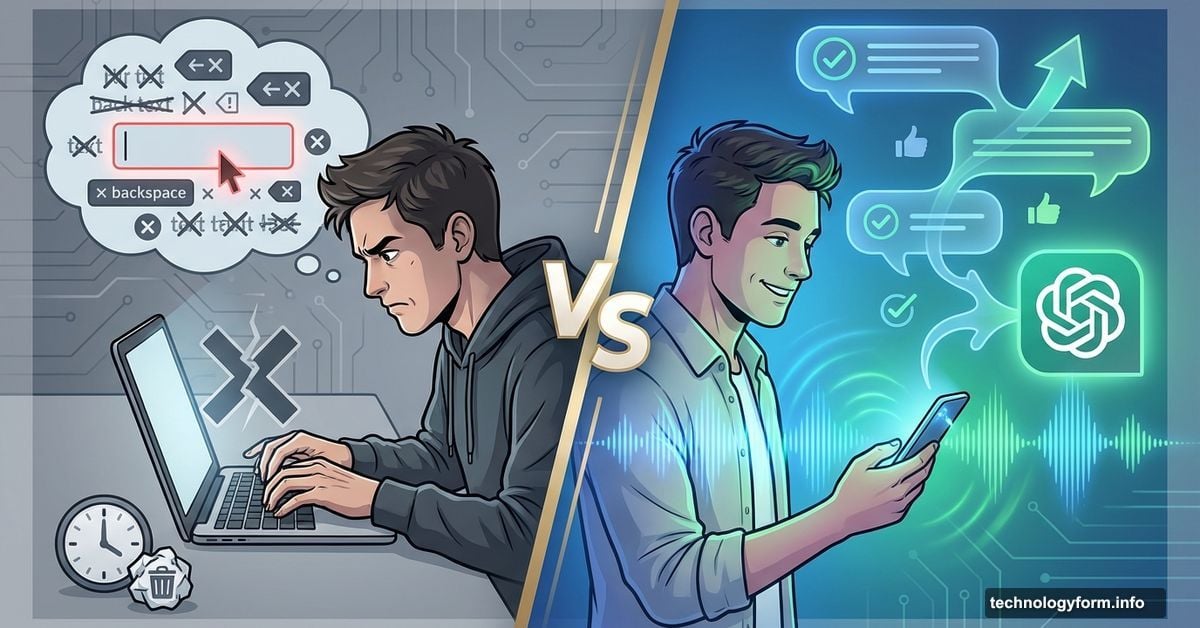 Person typing versus speaking to ChatGPT showing voice mode advantage