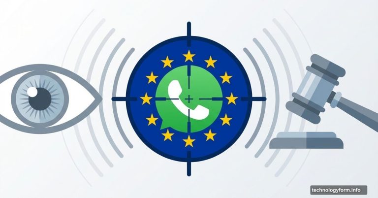 WhatsApp logo under EU flag crosshairs with oversight eye and legal gavel