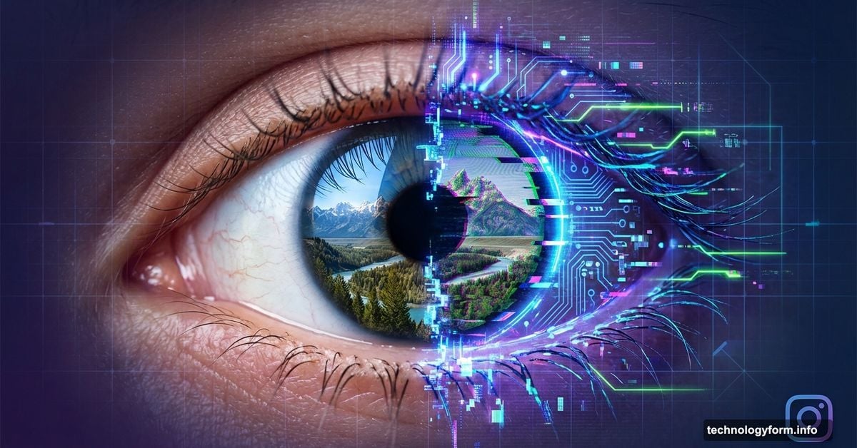 Split eye showing real photo versus AI fake imagery