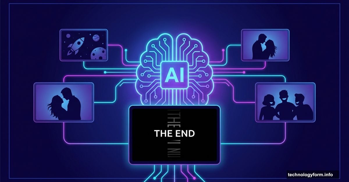 AI brain connecting to multiple TV screens finding show recommendations