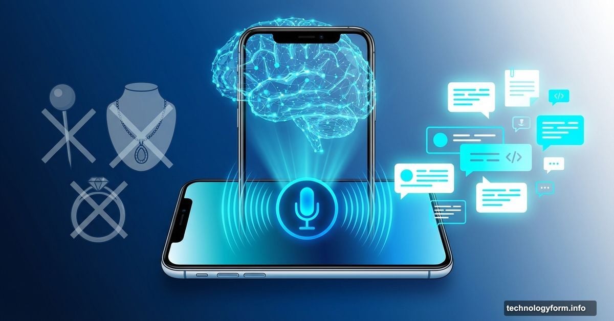 iPhone with AI brain hologram, obsolete wearable gadgets crossed out