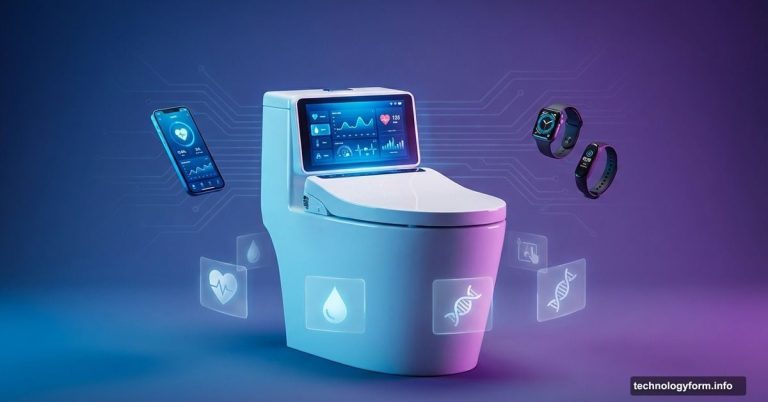 Smart toilet with digital health display surrounded by fitness wearables