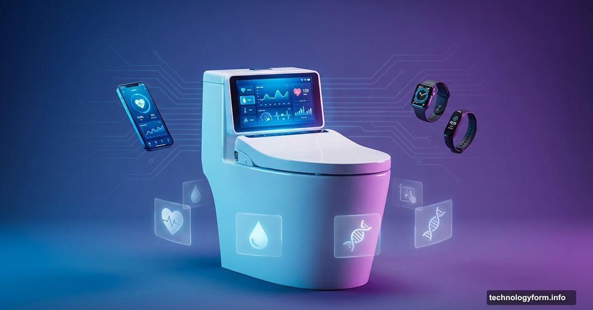 Smart toilet with digital health display surrounded by fitness wearables