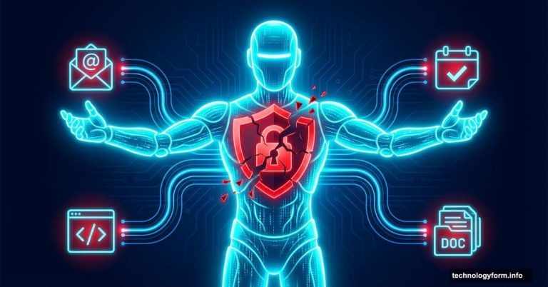 Glowing AI agent robot with cracked safety shield symbol highlighted