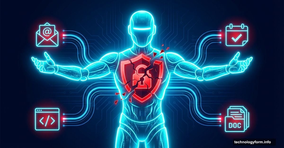 Glowing AI agent robot with cracked safety shield symbol highlighted