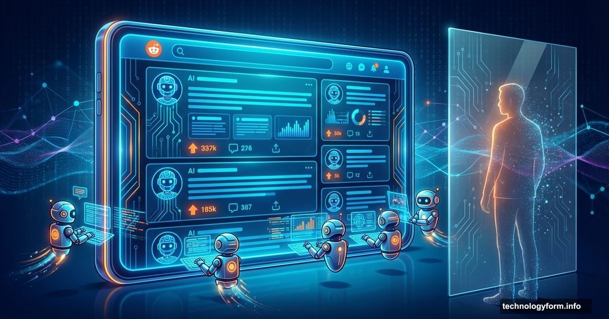 AI robots posting on social media platform while human observes from outside