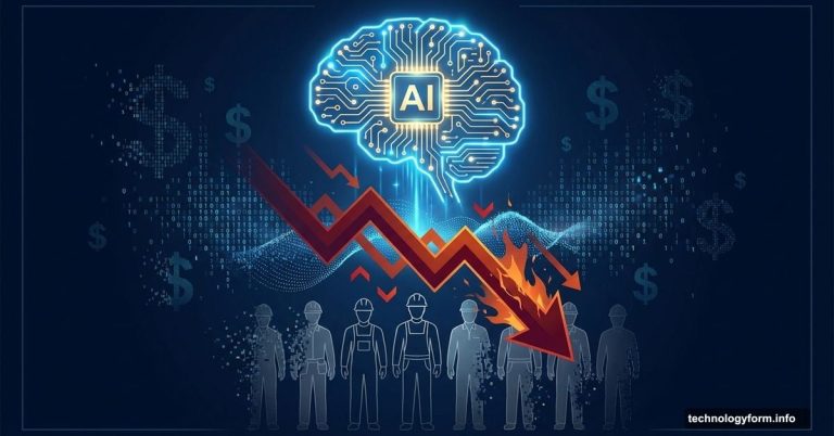 AI brain triggering stock market crash with workers disappearing below