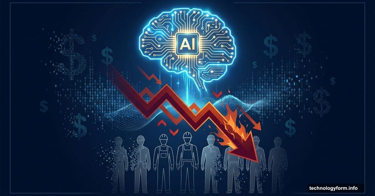 AI brain triggering stock market crash with workers disappearing below