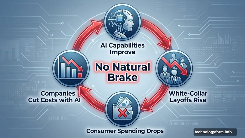 Negative feedback loop with no natural brake drives white-collar unemployment