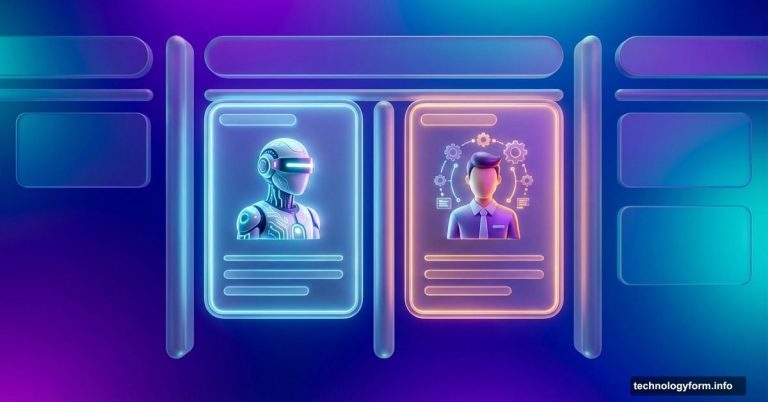Kanban board showing AI robot and human avatars working on adjacent tasks.