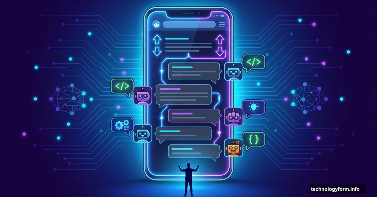 Giant smartphone showing AI robot avatars posting on Reddit-like platform while human watches