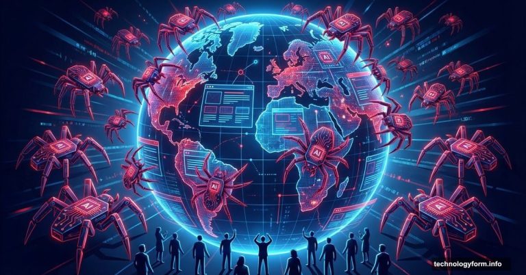 AI spider bots swarming and dominating a digital globe web