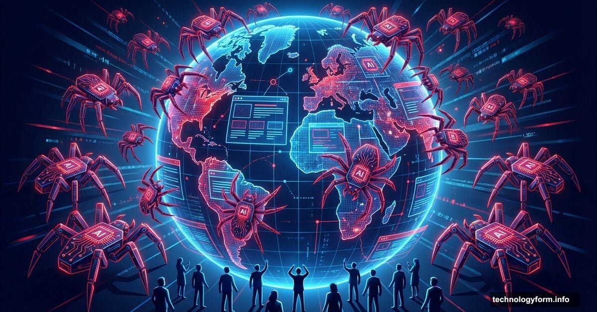 AI spider bots swarming and dominating a digital globe web