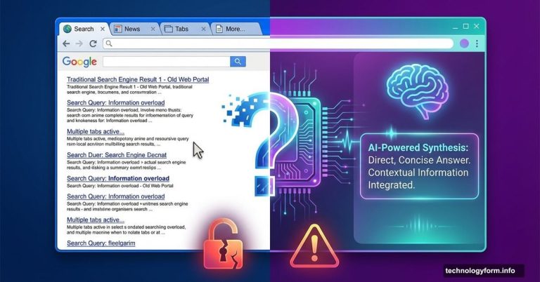 Traditional browser versus AI browser with security warning symbols