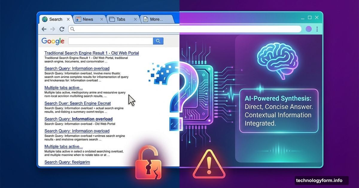 Traditional browser versus AI browser with security warning symbols