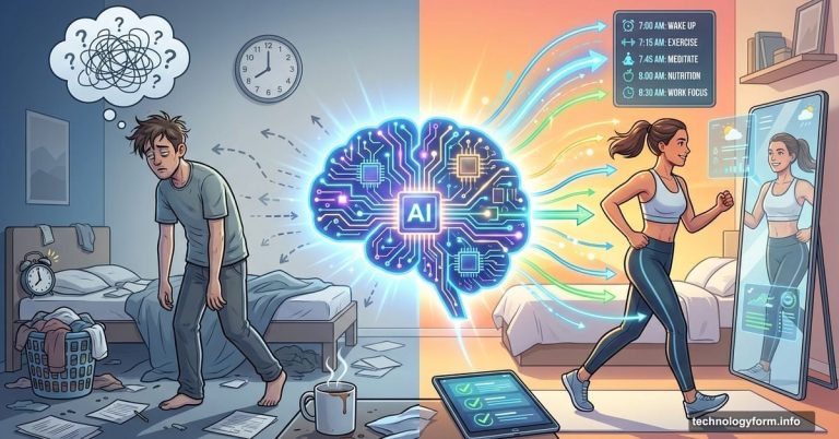 AI brain icon optimizing chaotic morning routine into organized efficient workflow