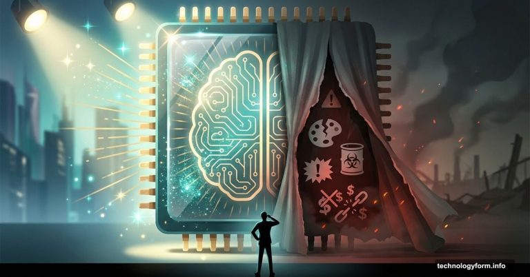 AI chip half covered in marketing gloss, half revealing hidden dark consequences
