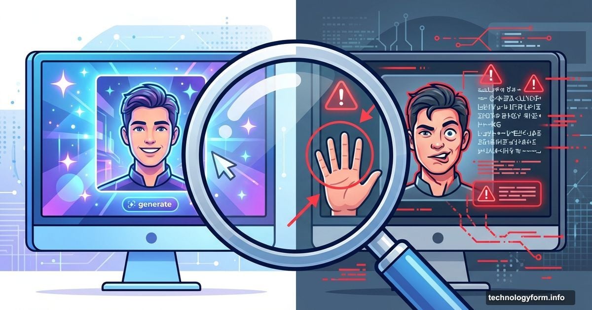 Perfect AI image zoomed in revealing distorted hands and garbled text errors