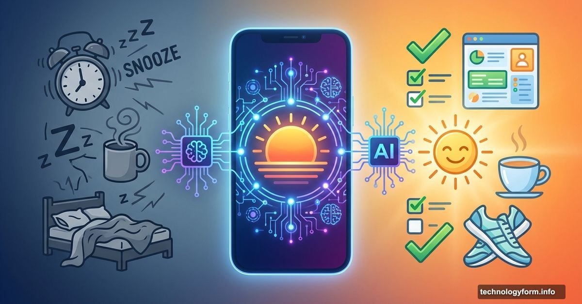 AI-powered smartphone transforming chaotic morning routine into organized sunrise