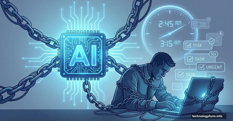 AI chip with chains binding exhausted worker to laptop