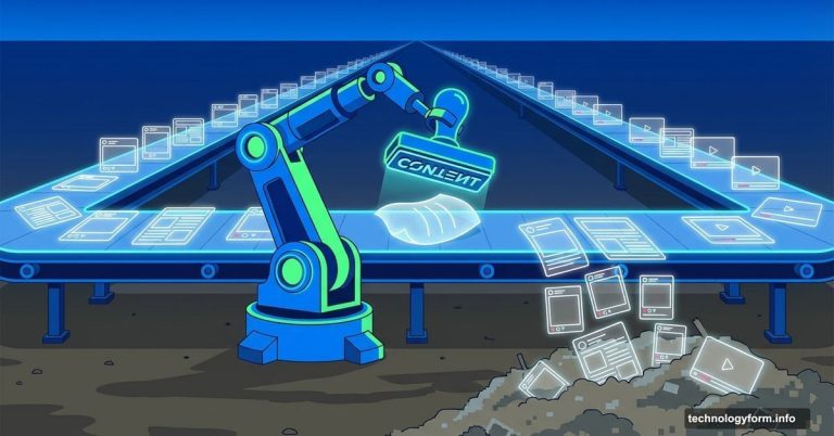 Robot assembly line mass-producing hollow fake social media posts endlessly